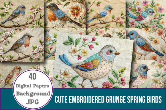 Cute Embroidered Grunge Spring Birds: A Versatile Digital Design for Creative Projects