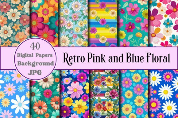 Retro Pink and Blue Floral Digital Paper: A Versatile Creative Resource