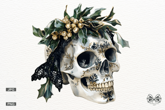 Skull with Christmas Mistletoe PNG